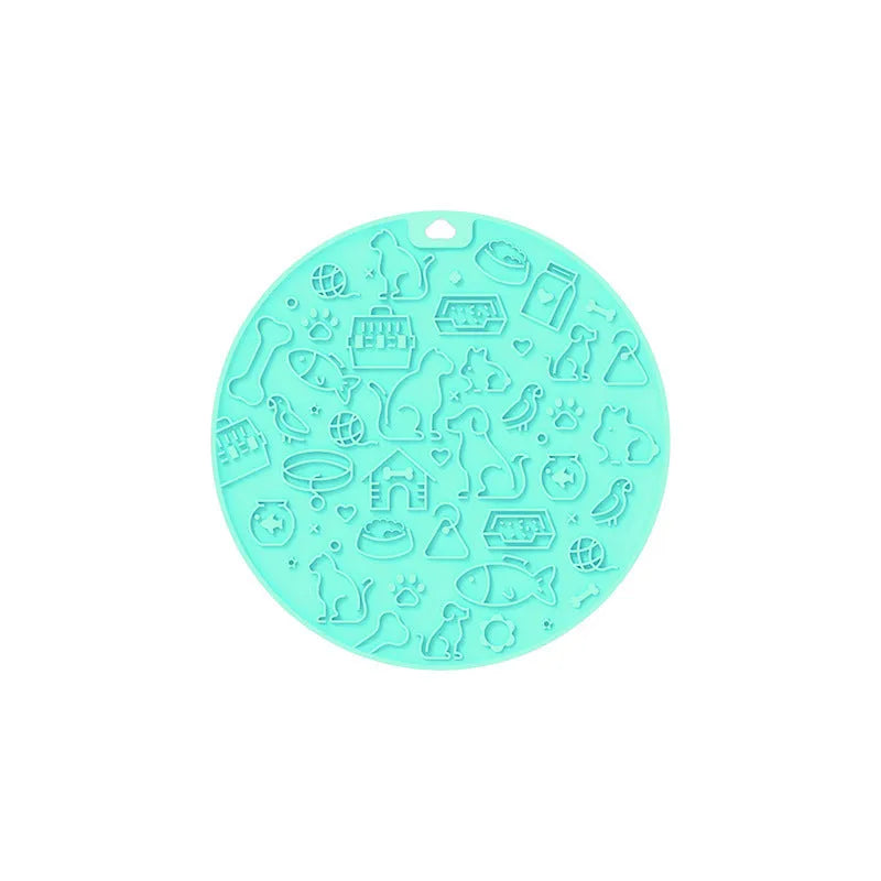 Round silicone pet licking mat with suction cup, shown in blue colour option.