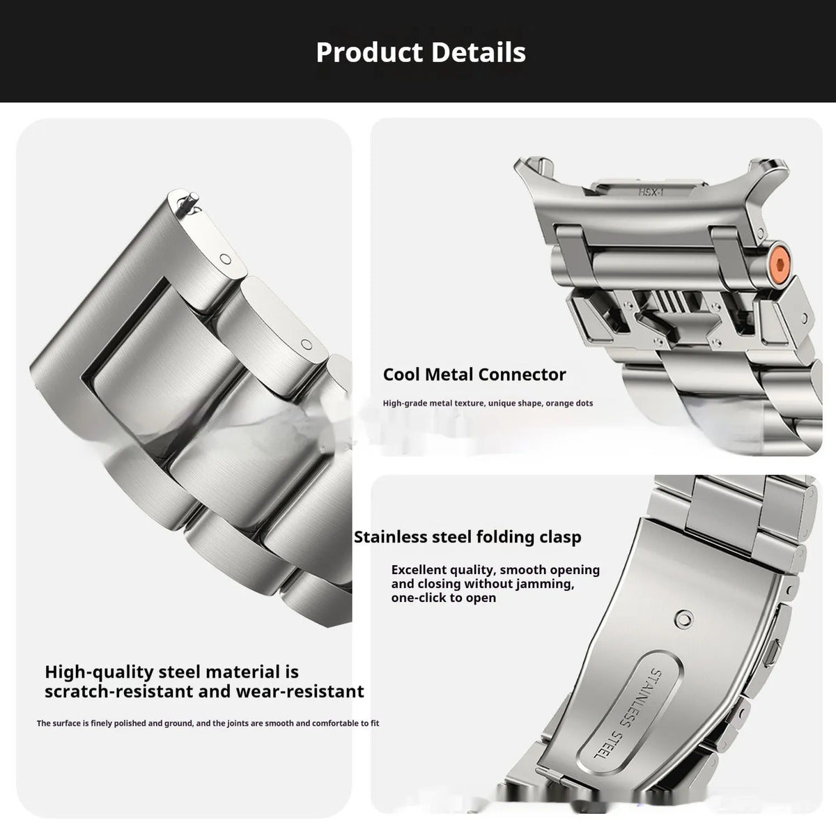 Samsung metal watch strap with three steel band armour design in Black, Starlight, or Silver