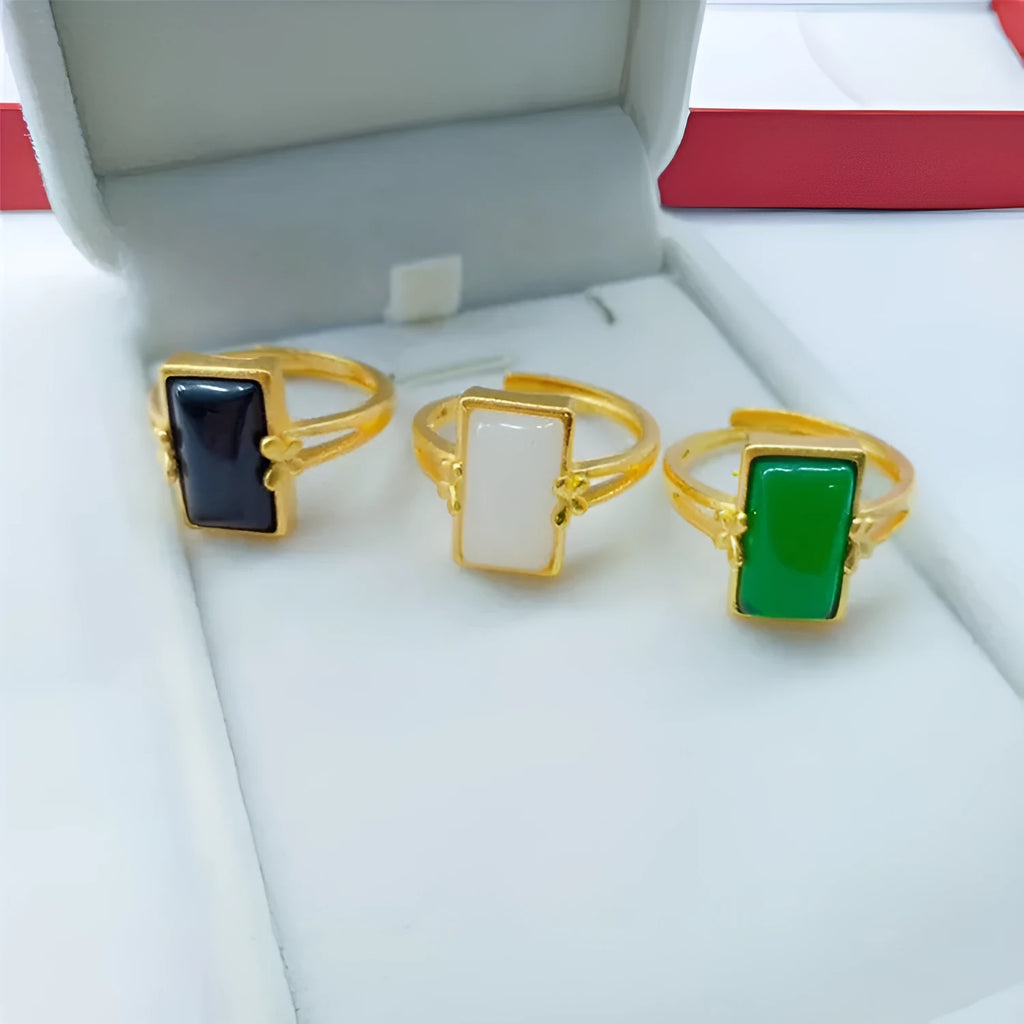 Adjustable brass gold-plated ring with electroplated artificial gemstone inlay in national style design