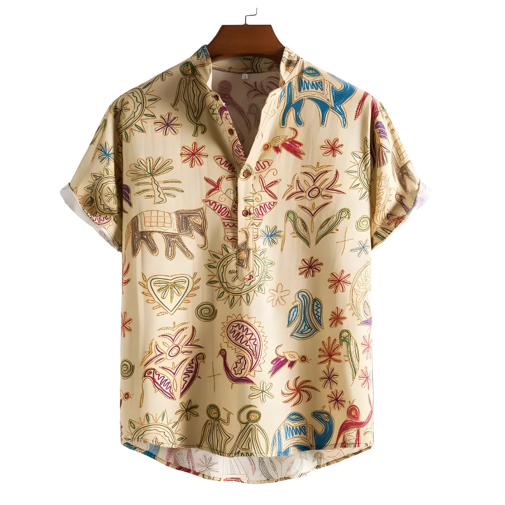 Man wearing a loose grey casual shirt with a colourful 3D digital printed pattern, cardigan style.