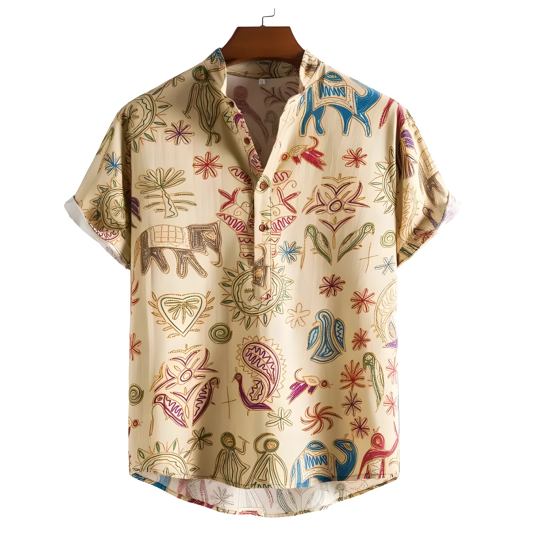 Man wearing a loose grey casual shirt with a colourful 3D digital printed pattern, cardigan style.