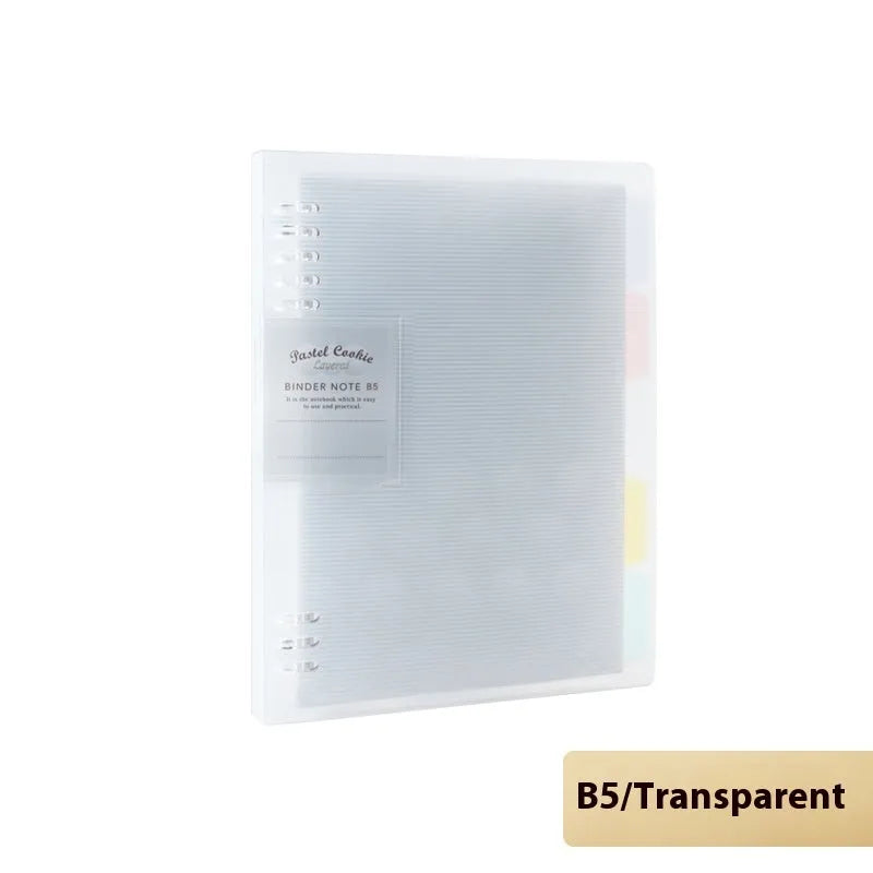 Refillable A5 and B5 spiral notebook with PP cover, shown in pastel cookie blue and plaid impression designs with loose-leaf paper.