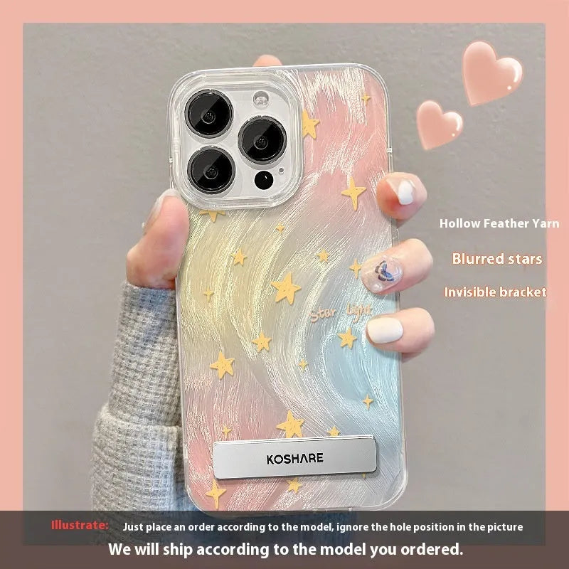 iPhone 15 and 16 PC phone case with smudging star bow bracket, Silver Bow or Silver Pink Butterfly