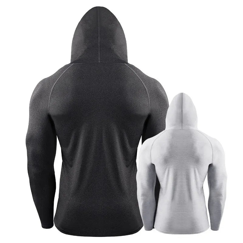 Slim long sleeve hooded workout top in polyester spandex, quick-drying, sizes M-XXXL, for running and training