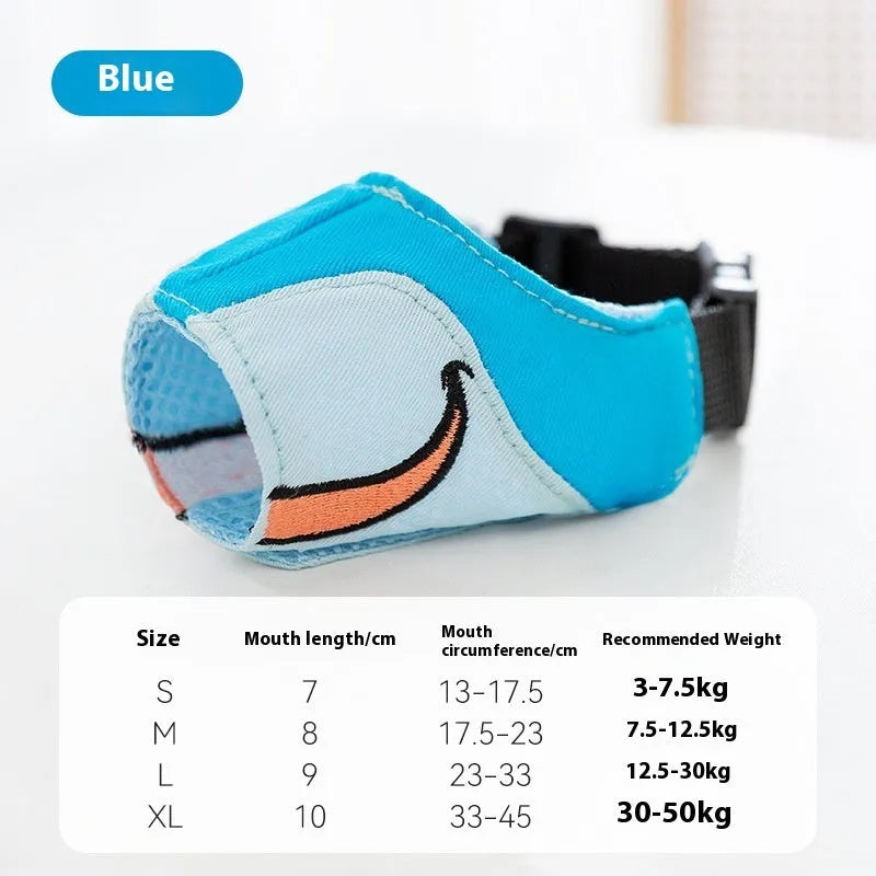 Canvas dog muzzle in Ollie Brown Bear colour, shown next to size chart for S, M, L, and XL.