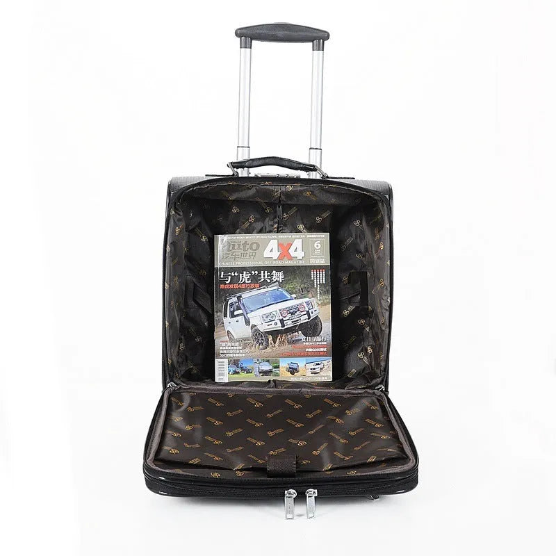 Black PU leather business case with airplane wheels and lockable closure