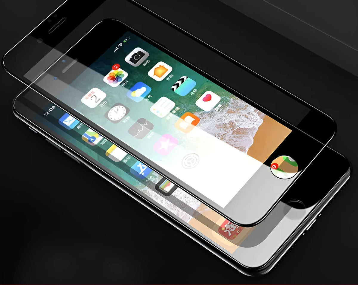 Tempered glass screen protector for iPhone with carbon fibre edges in black and white options
