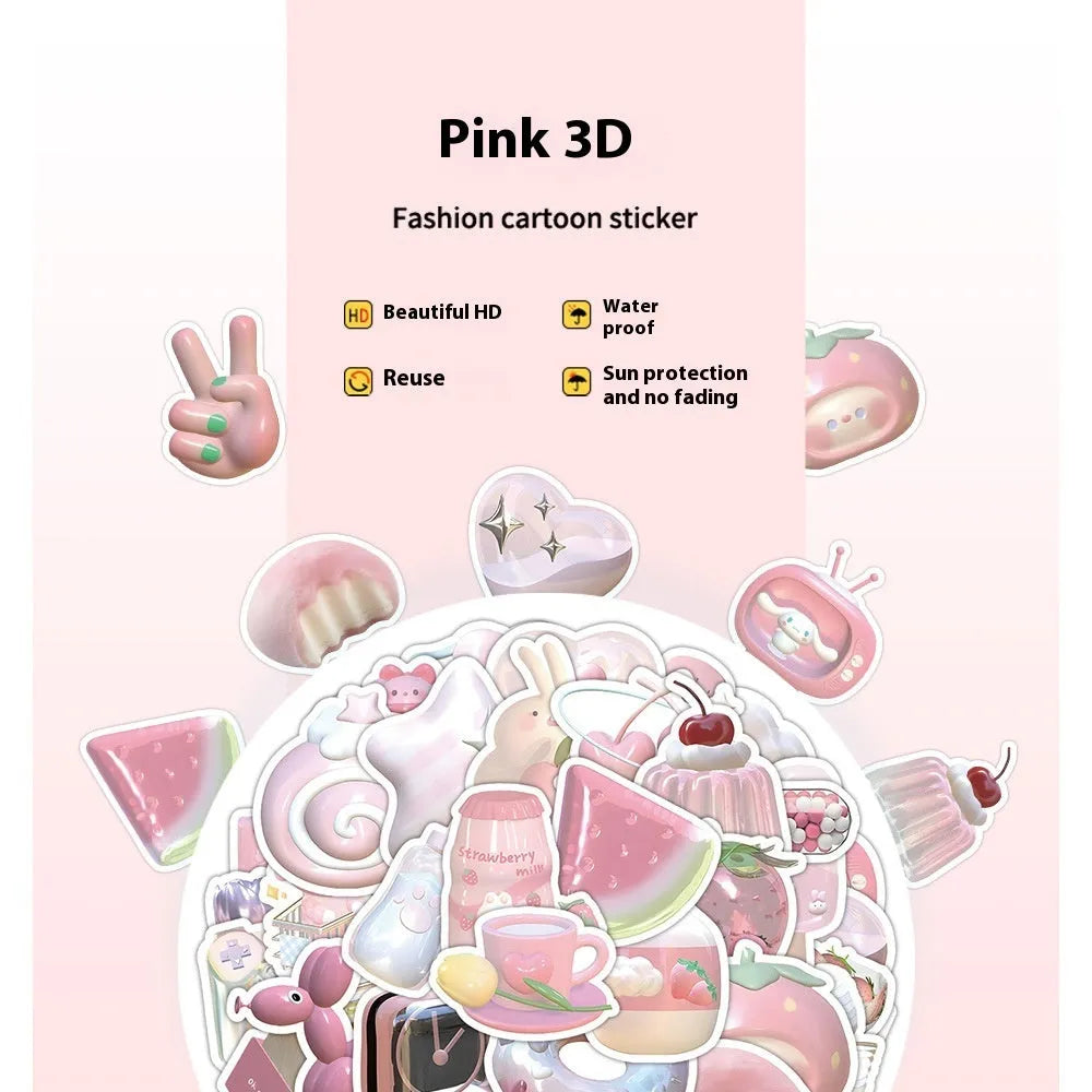 Pink girl heart pattern 3D decorative stickers in light colours with realistic dimensional effects