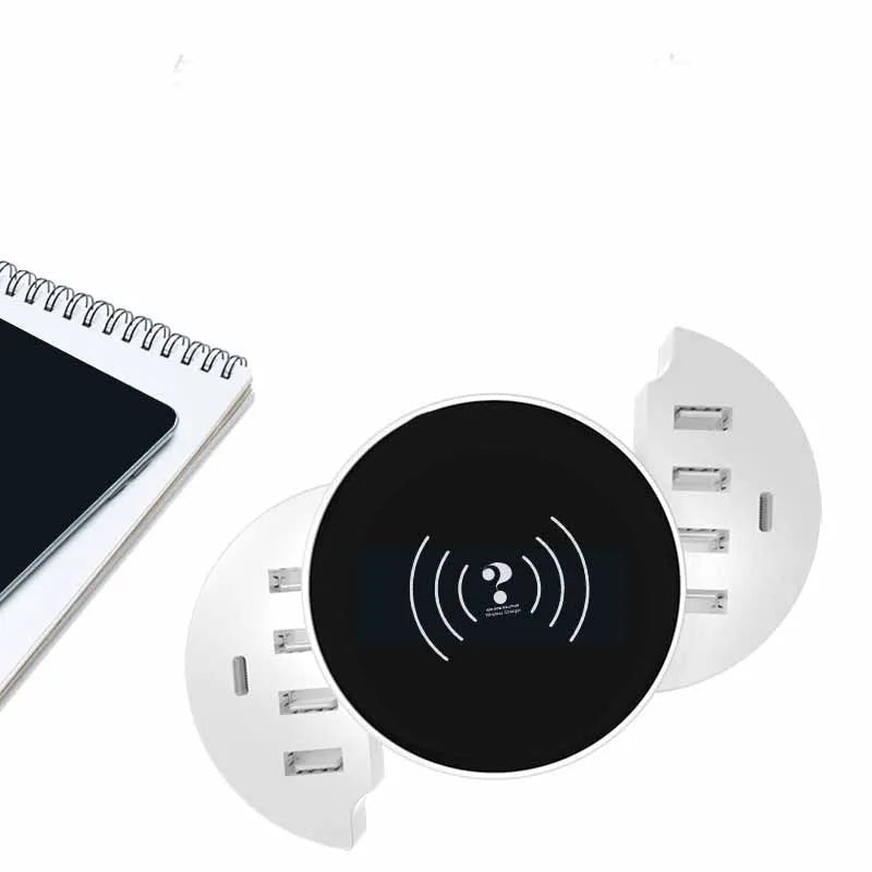 Ceramic white circular multi-port wireless charger with international plug adapters