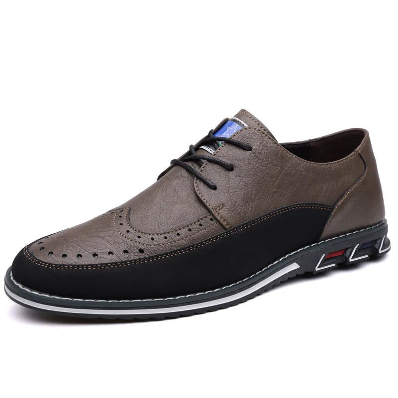 Men's low-top casual leather shoe in multiple colours with rubber sole and sewing line detail.