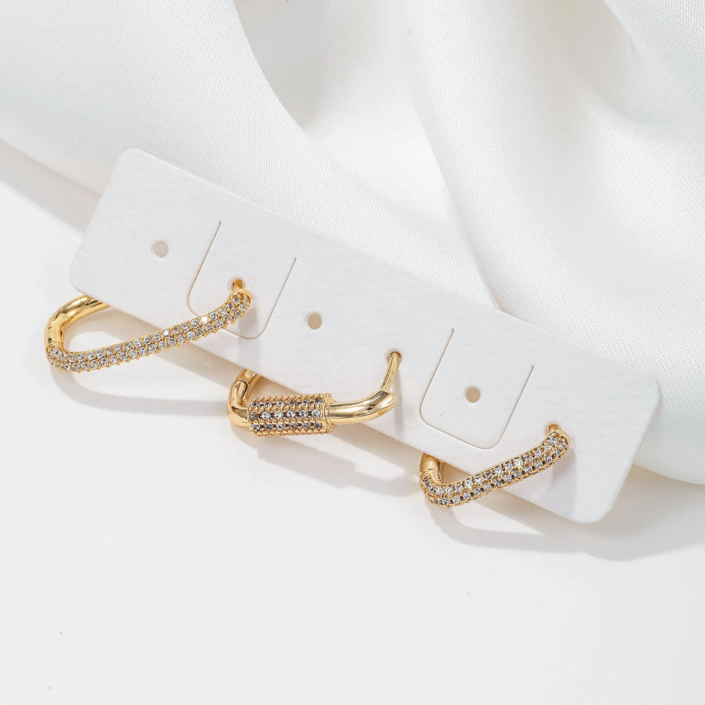 Geometric ear clip three-piece set with micro inlaid zircon stones in gold and white K colours