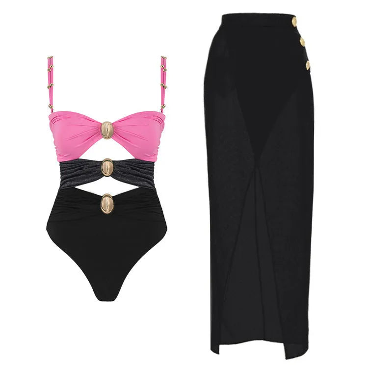 Women's one-piece swimsuit with matching skirt and gold button details in assorted colours
