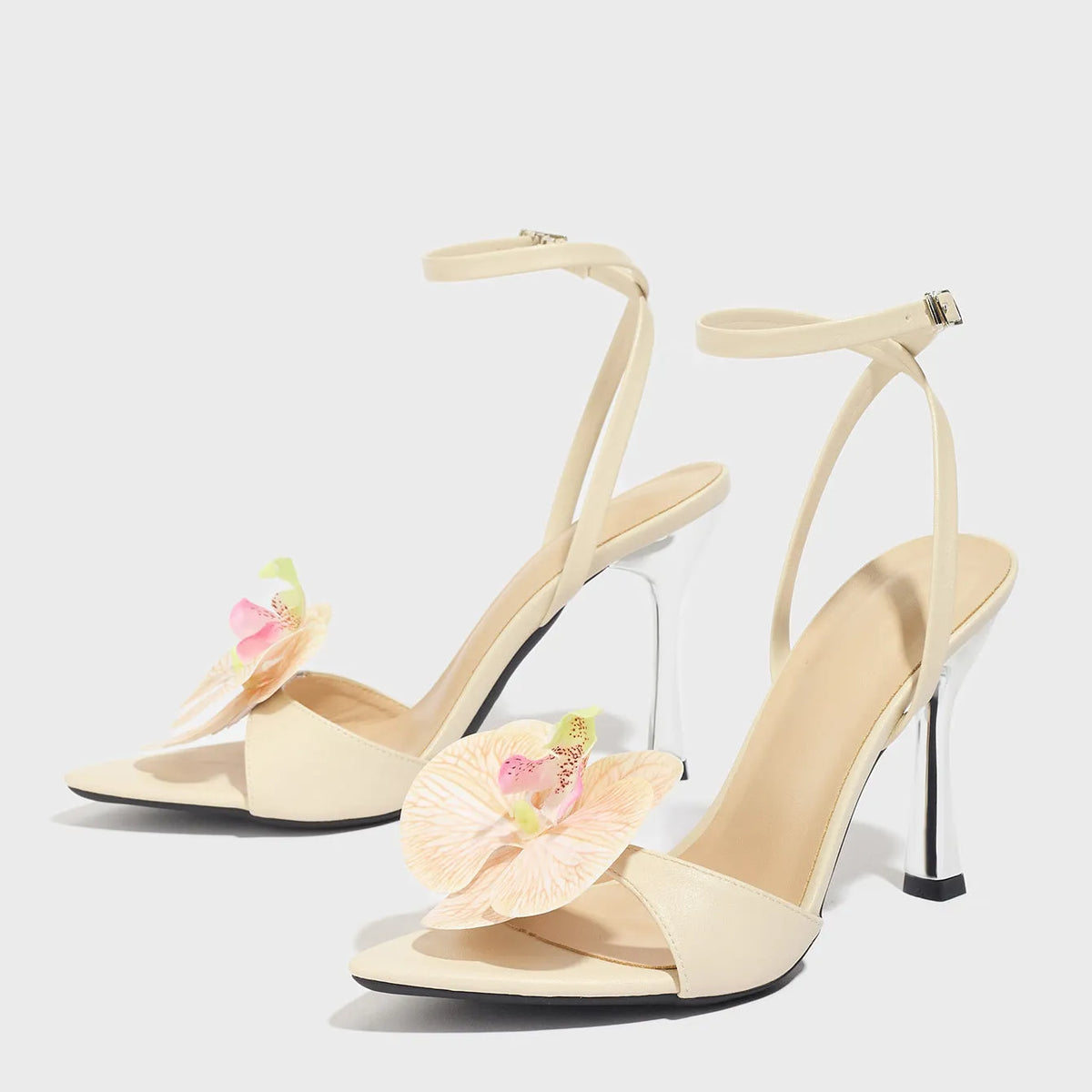 Apricot women's stiletto sandals with 3D flower upper, pointed toe and 10cm heel, sizes 35-43