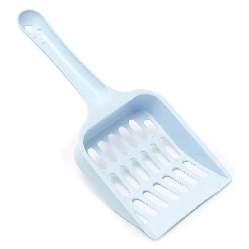 Blue plastic cat litter scoop showing length and sieve pattern for cleaning litter trays.