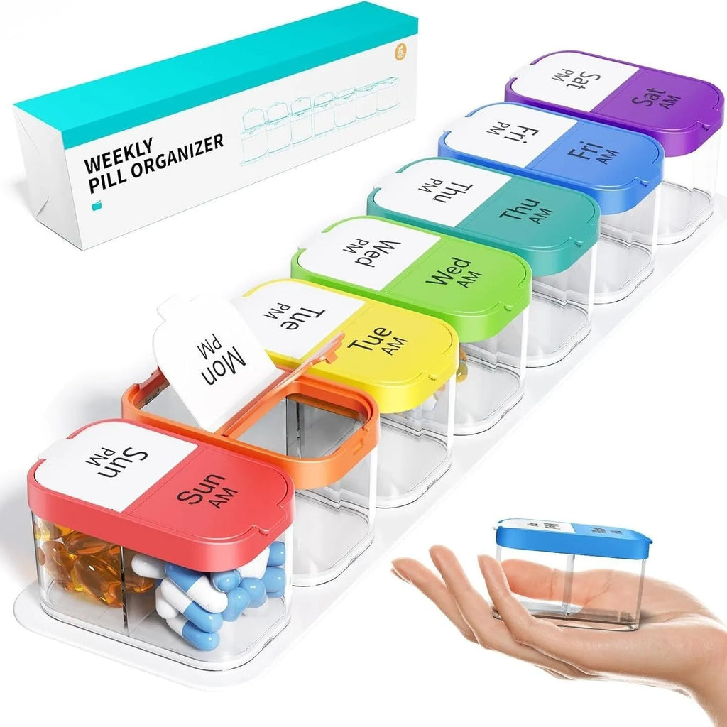 White and rainbow coloured portable pill box with 14 removable grid compartments, shown detached.