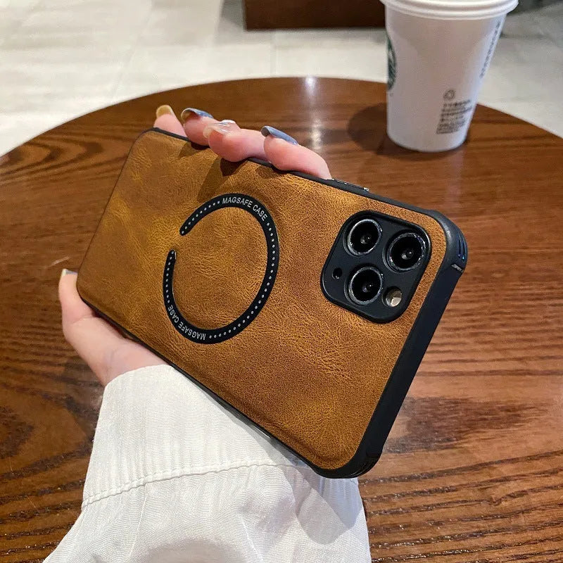 Black imitation leather magnetic charging phone case for iPhone showing business design