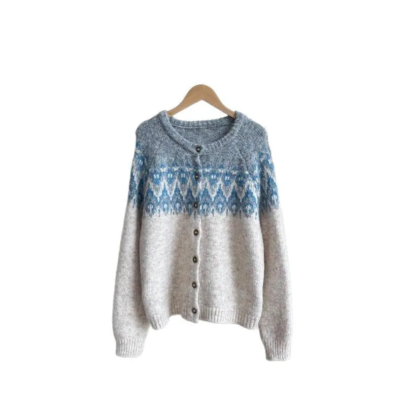 Women's loose-fit jacquard knit sweater coat in beige, brown, or navy blue.