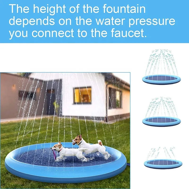 Anti-slip dog splash pad and swimming mat outdoor toy in a garden setting.