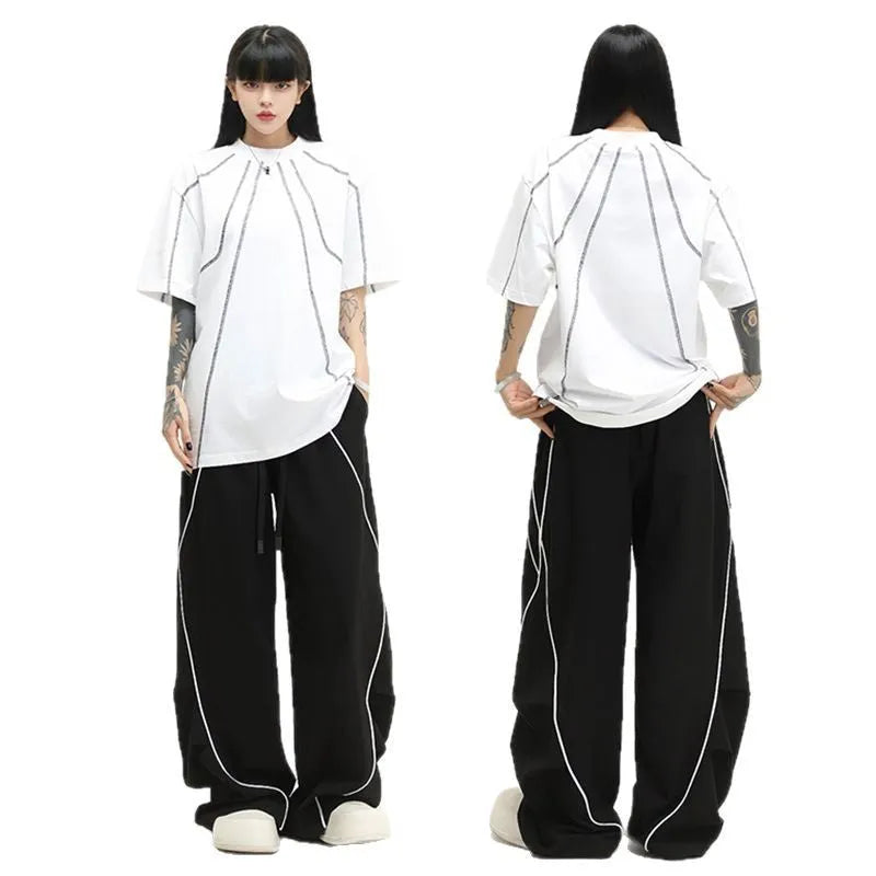 Black striped pleated hip hop wide-leg pants with mid waist and loose fit