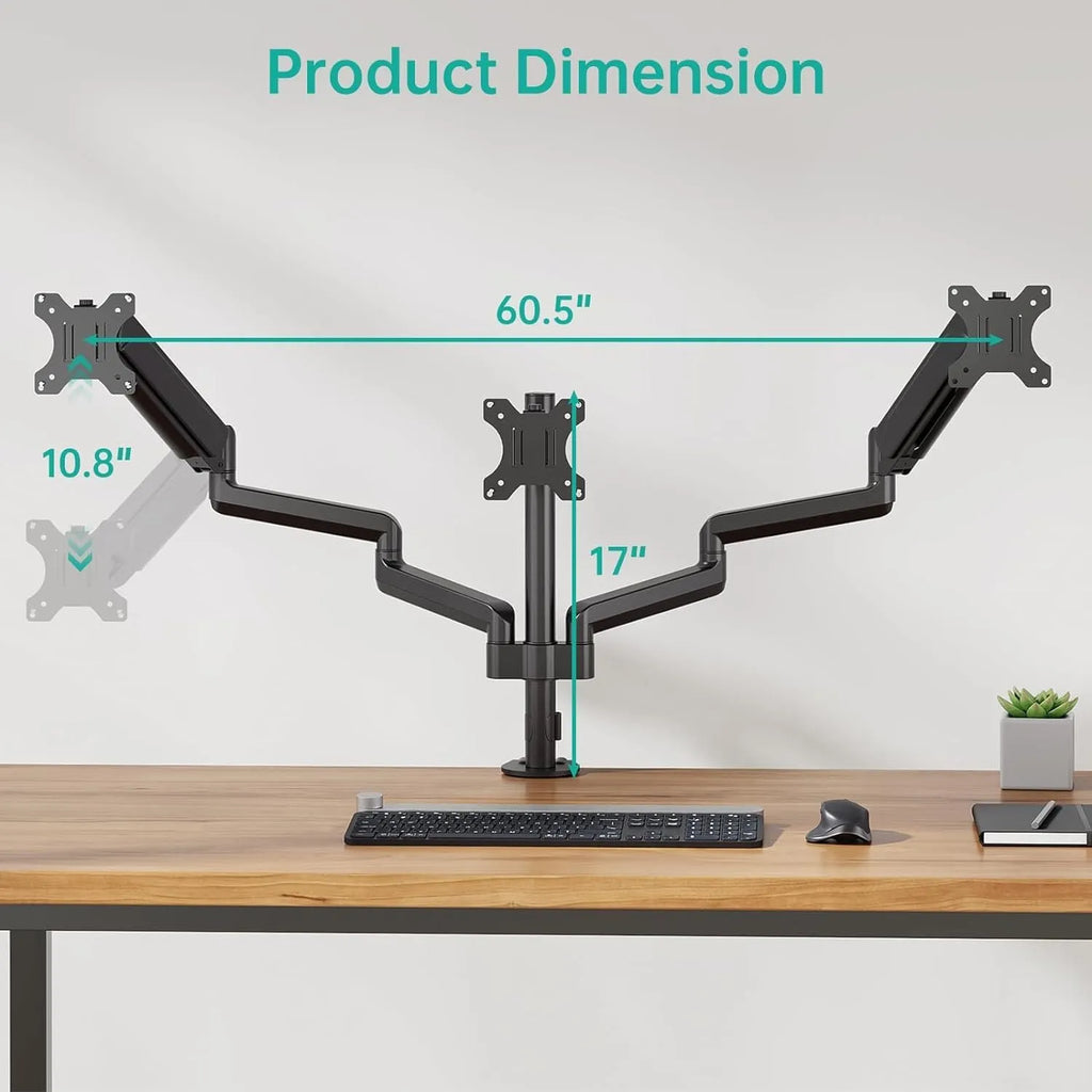Black three-arm gas spring monitor mounting arm for 13-27 inch screens on a desk.