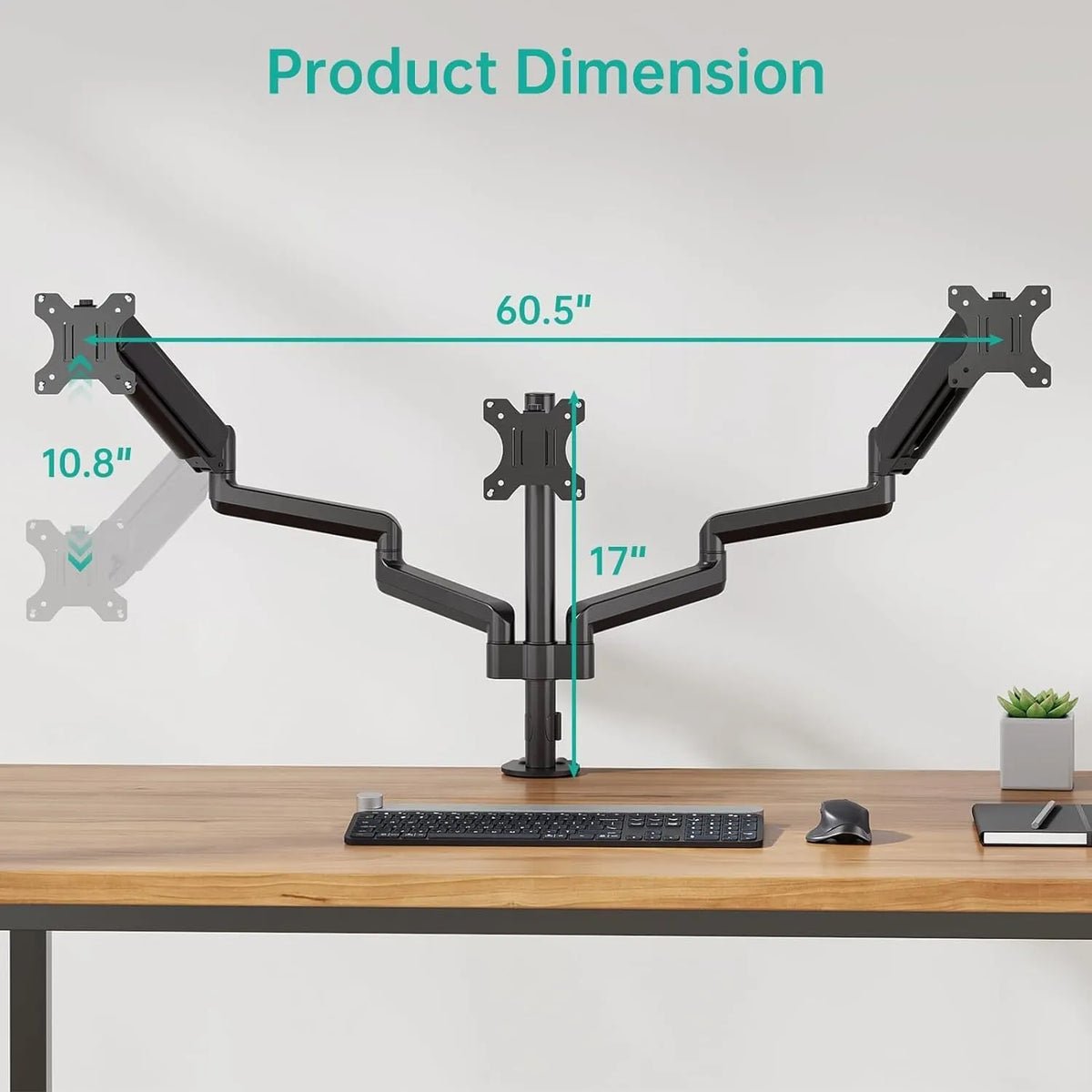 Black three-arm gas spring monitor mounting arm for 13-27 inch screens on a desk.