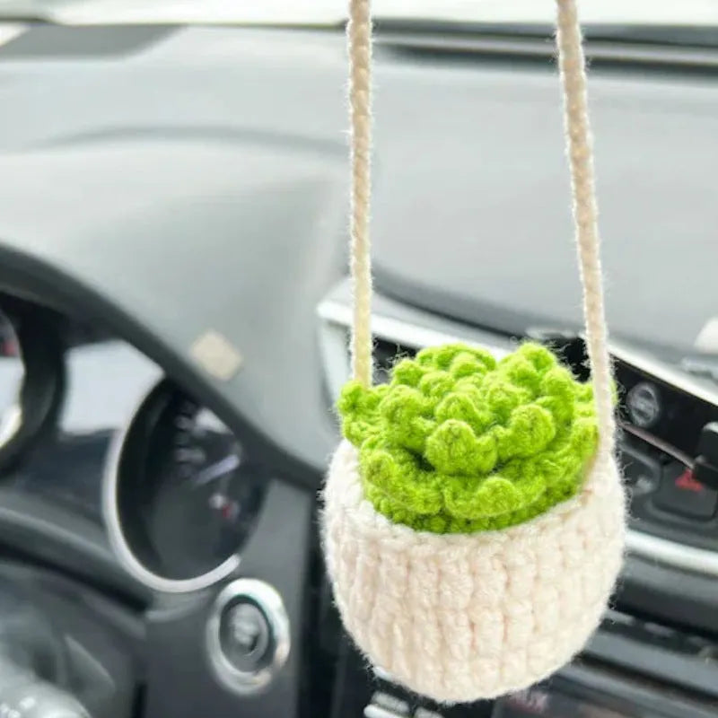 Green and white knitted wool macramé car air plant holder with hanging cord