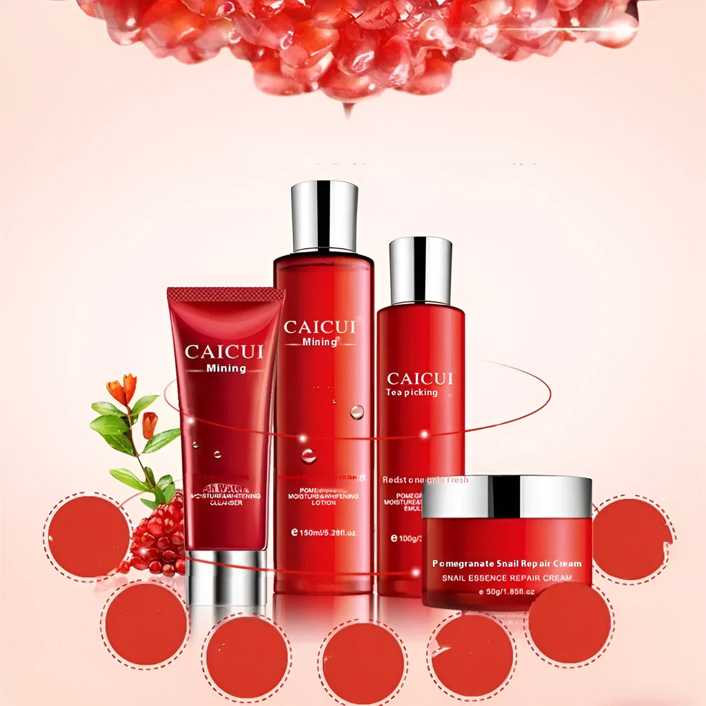Red pomegranate skincare set showing four bottles: face wash, toner, lotion, and facial cream.
