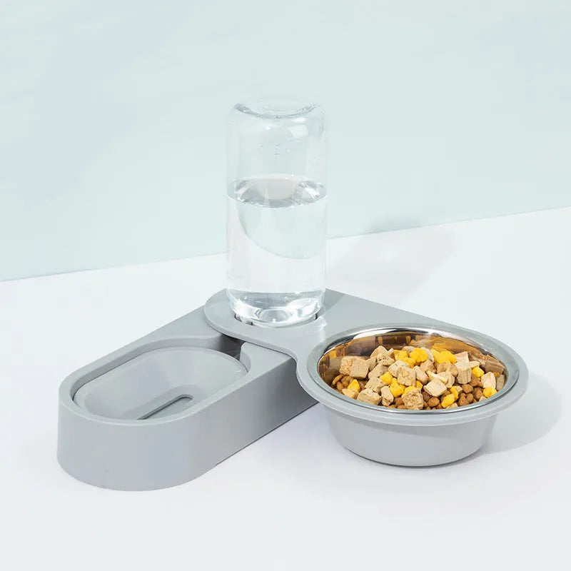 Complete automatic cat bowl feeder and drinking fountain set with water dispenser in pink, purple, green, or grey.