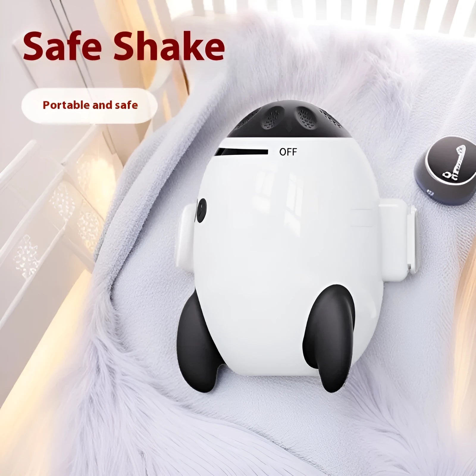 White portable baby stroller shaking device with interactive toys for infant sleep and comfort.