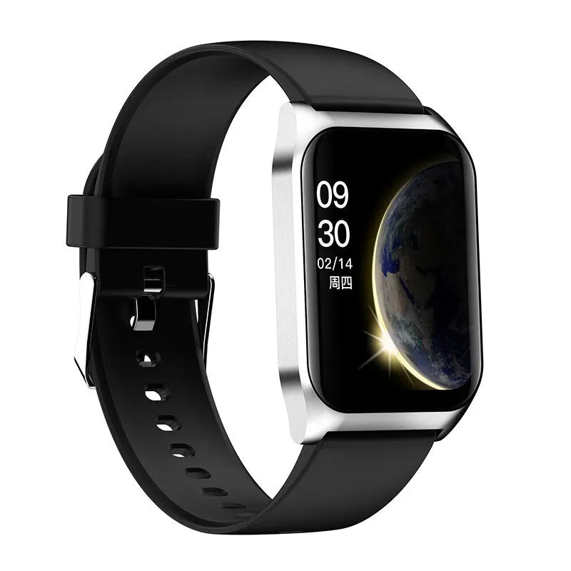Black smart watch with heart rate monitor on silicone wristband showing 1.69-inch touchscreen display