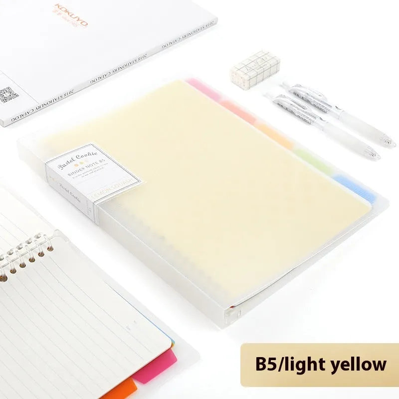 Refillable A5 and B5 spiral notebook with PP cover, shown in pastel cookie blue and plaid impression designs with loose-leaf paper.