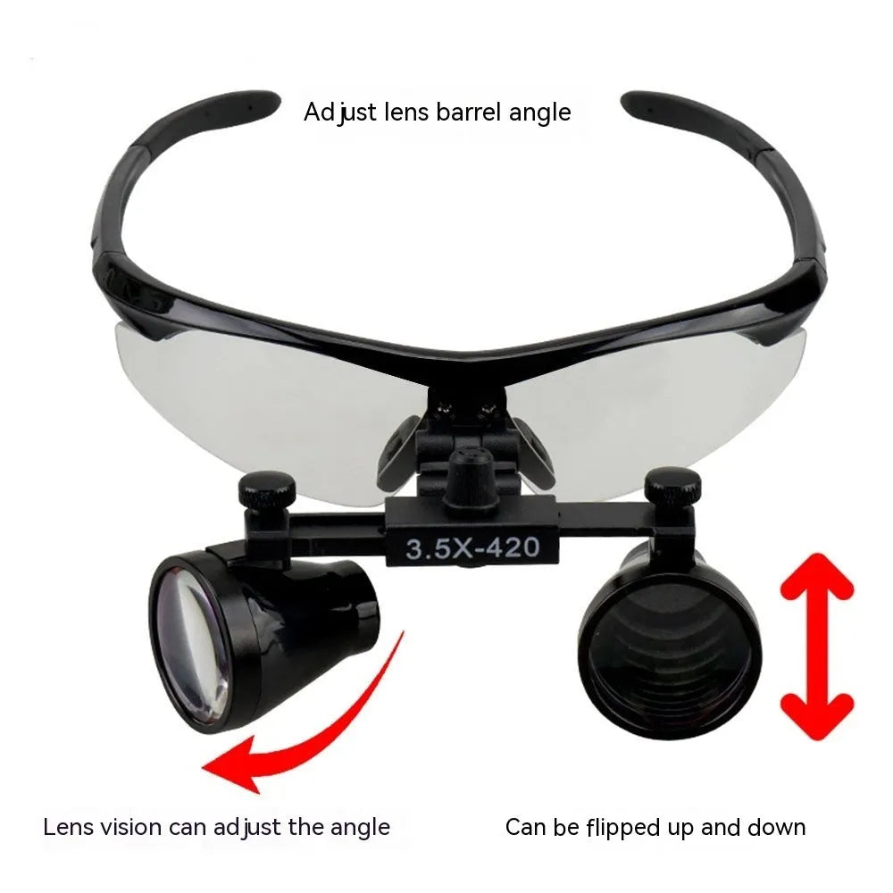 Black plastic head-mounted LED magnifying glass with 3.5X lens on an adjustable headband.