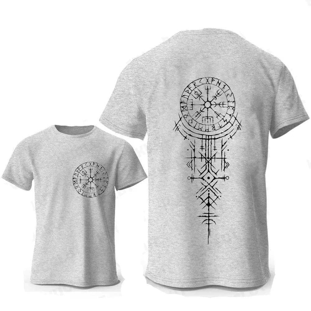 Men's grey t-shirt with a printed Viking rune compass graphic design on the chest.