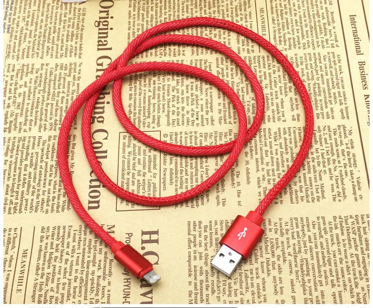 Denim braided USB-C charging cable with aluminium connectors shown in black, blue, and red colour options.