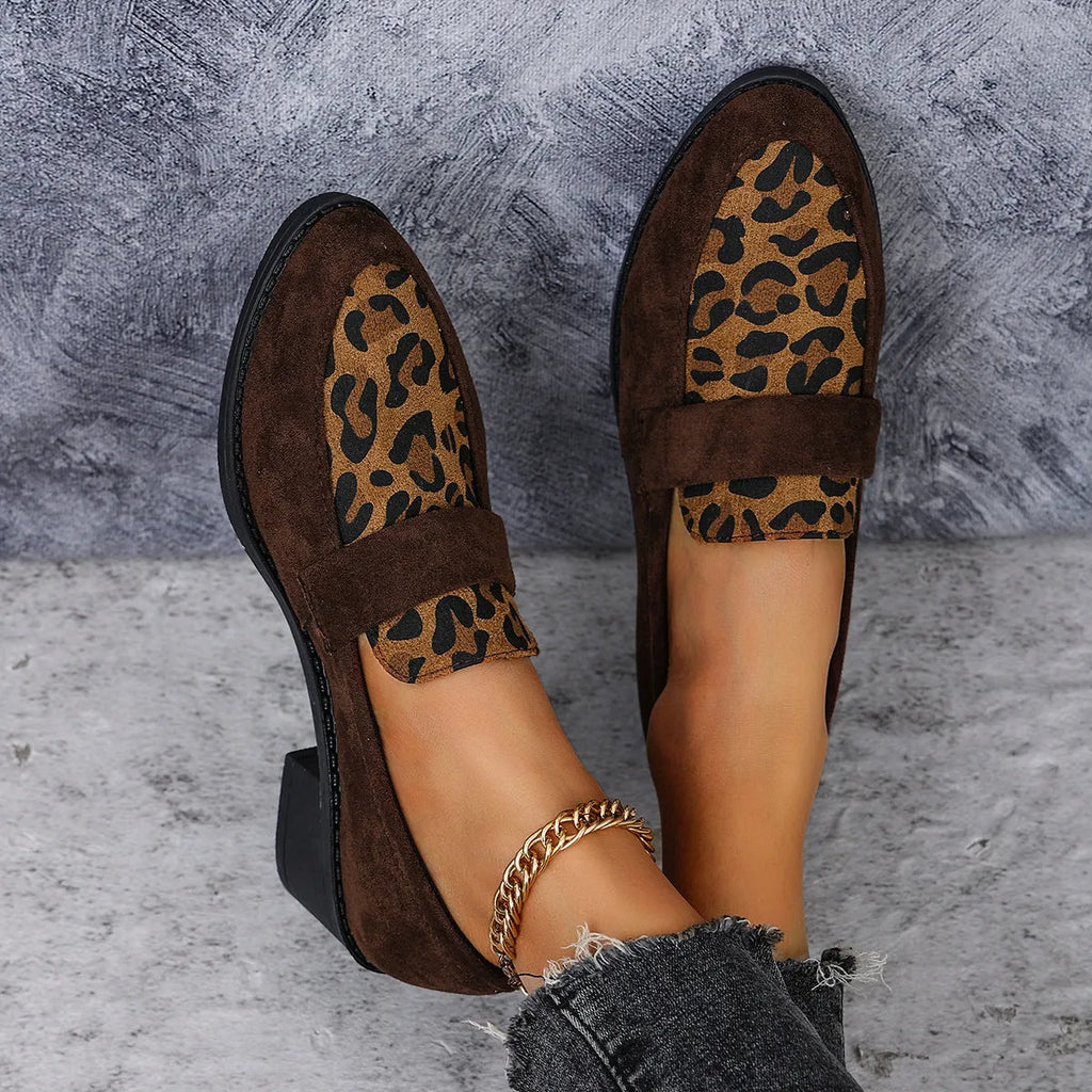 Leopard print slip-on suede shoes with chunky mid heel and pointed toe in brown colour