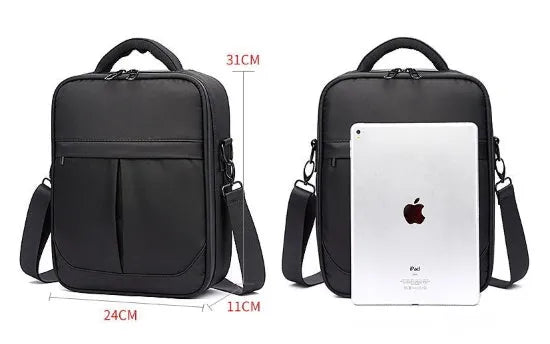 Black oxford fabric men's messenger shoulder bag showing dimensions of 24cm wide by 31cm tall