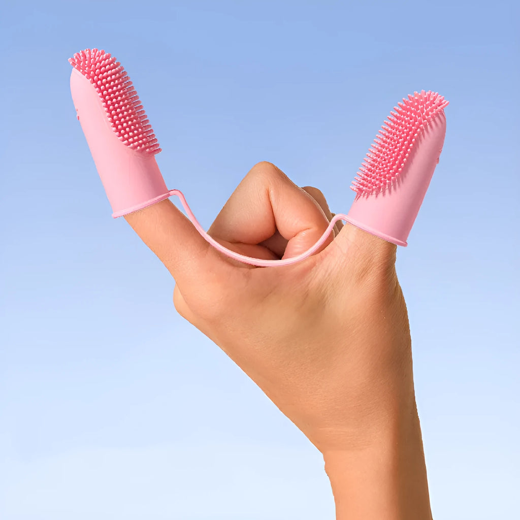 Pet dental finger toothbrush set in pink, blue green, and grass yellow colours, showing double finger TPR design.
