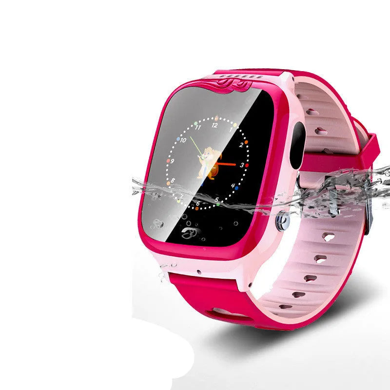 Children's smart phone watch with HD touch screen, GPS positioning, and silicone wristband in pink or blue