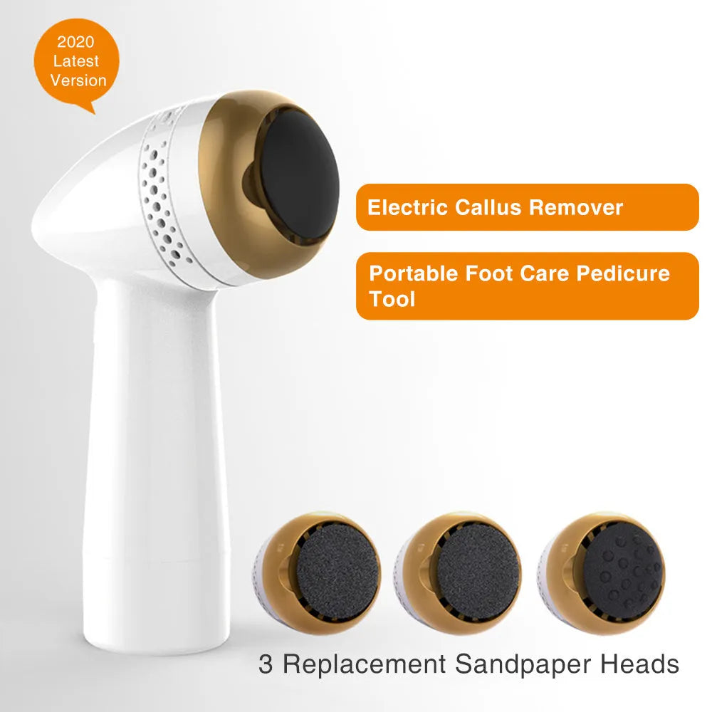 Electric vacuum foot grinder with quartz grinding head in a metallic finish, shown removing calluses on dry skin.