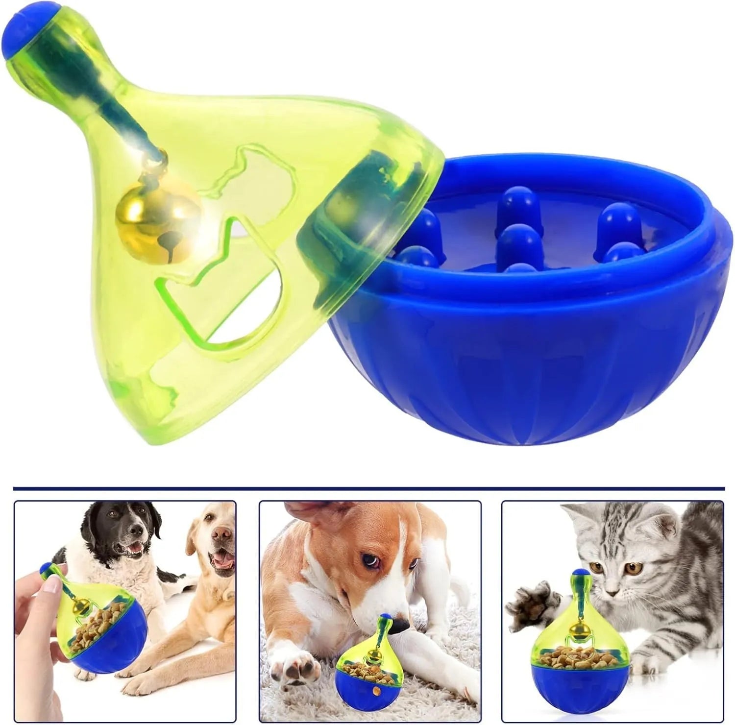 Grey tumbler-shaped interactive pet treat dispenser ball on a wooden floor.