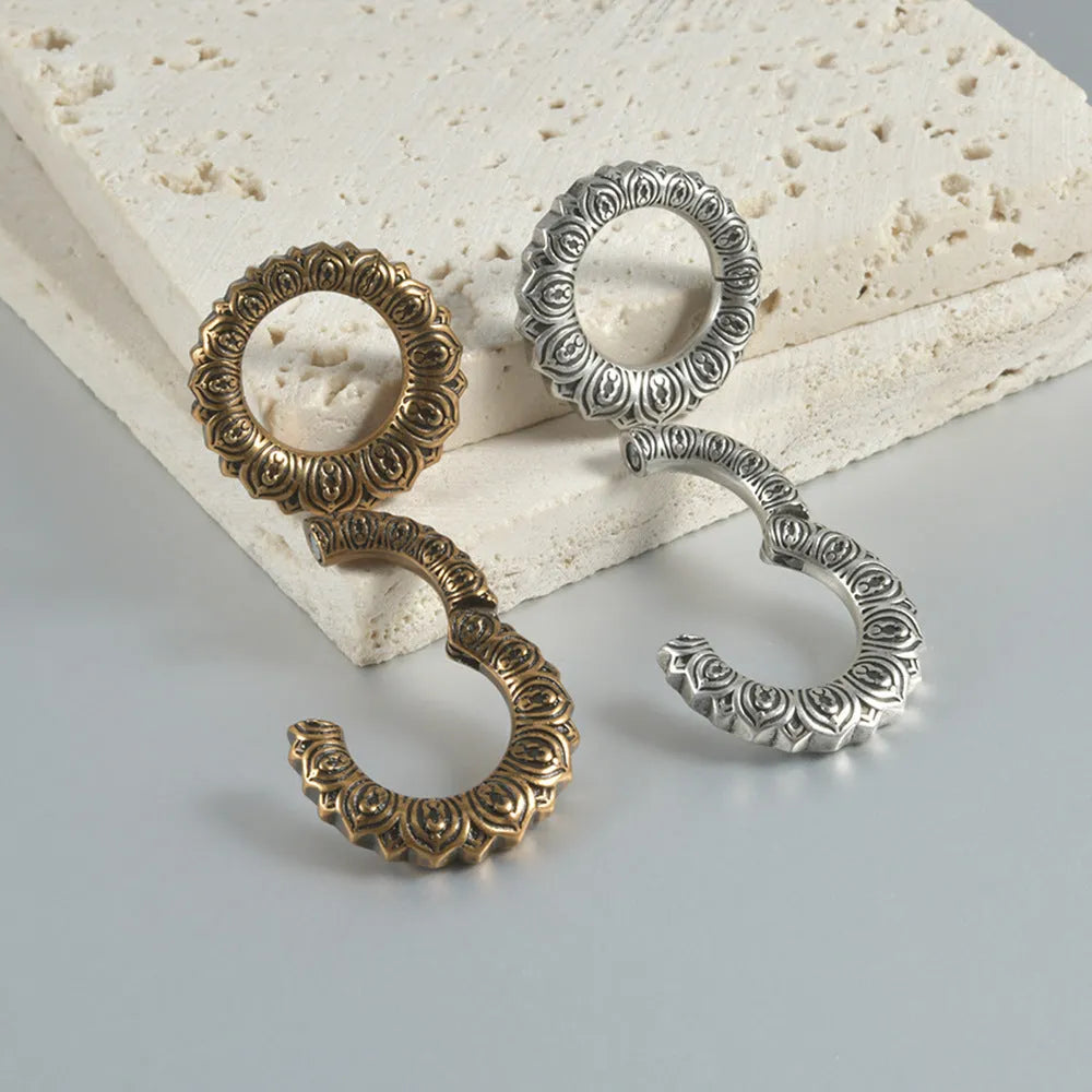 Retro heart-shaped hollow lotus magnetic earrings in antique silver stainless steel