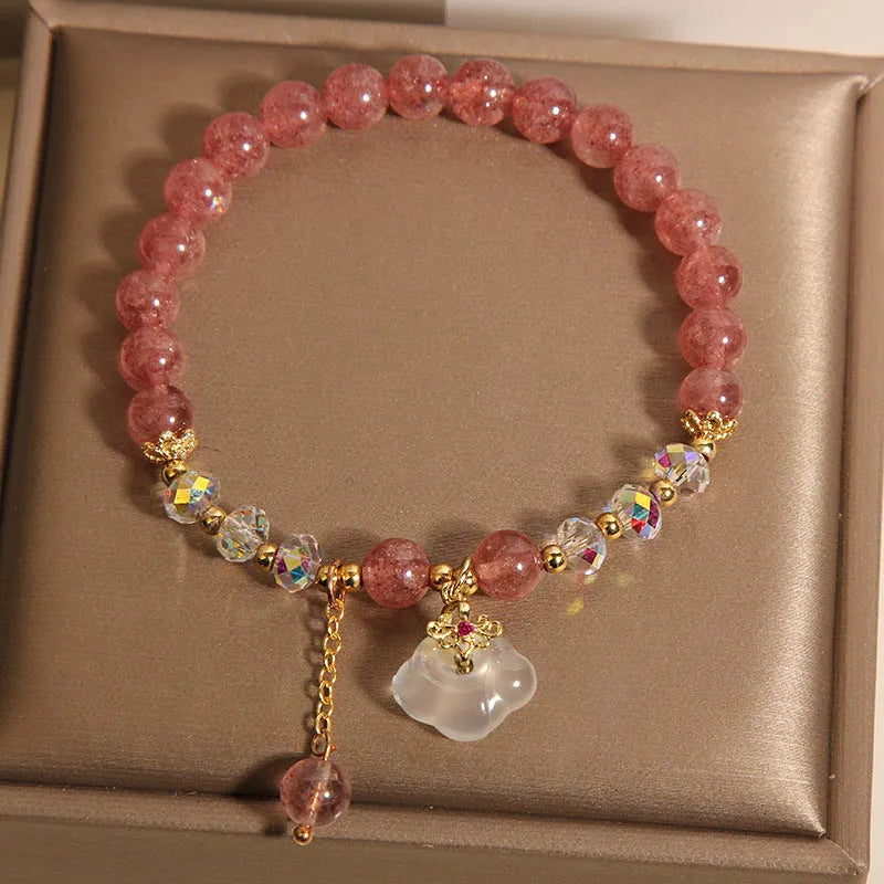 Women's strawberry quartz crystal bracelet with white agate beads and auspicious cloud charms