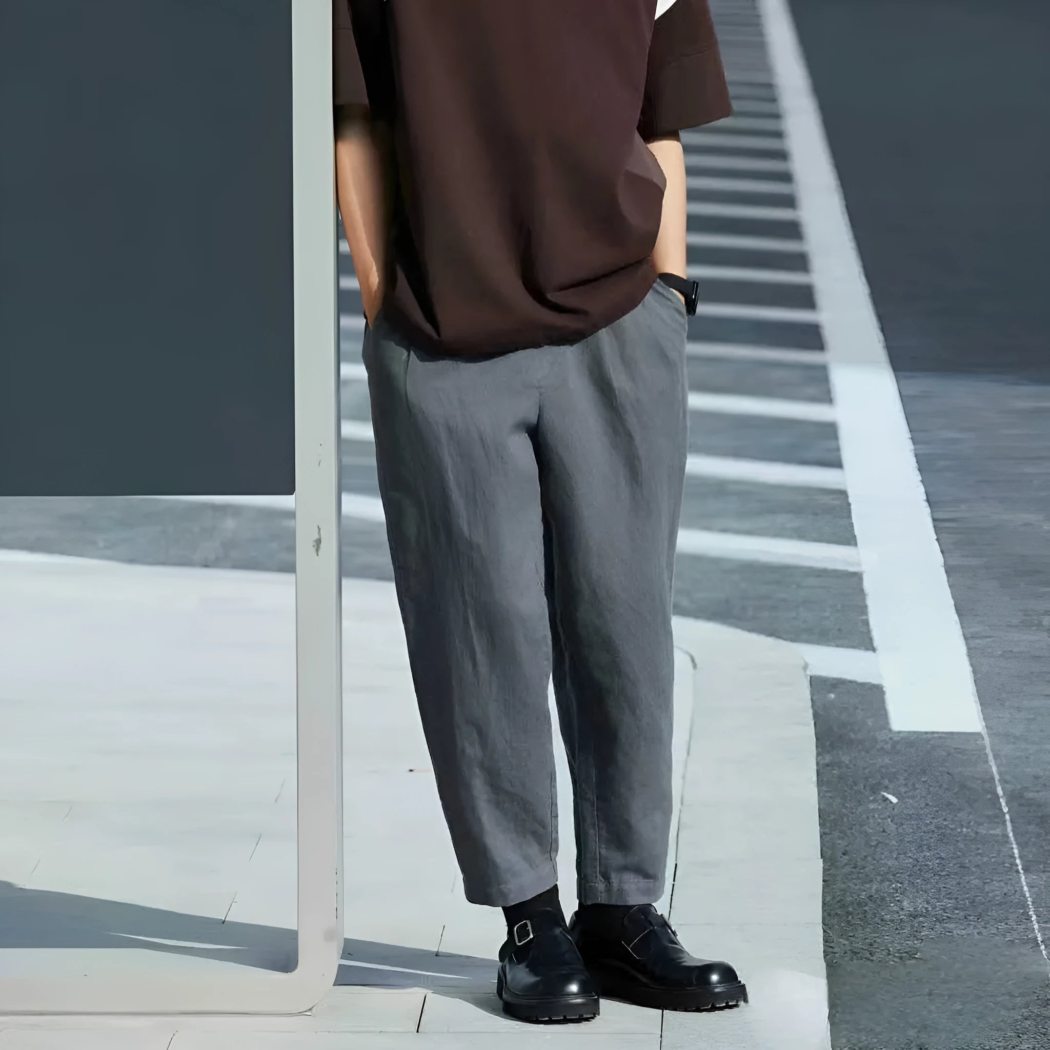 Men's loose straight-leg casual summer pants in beige with a drawstring waistband.