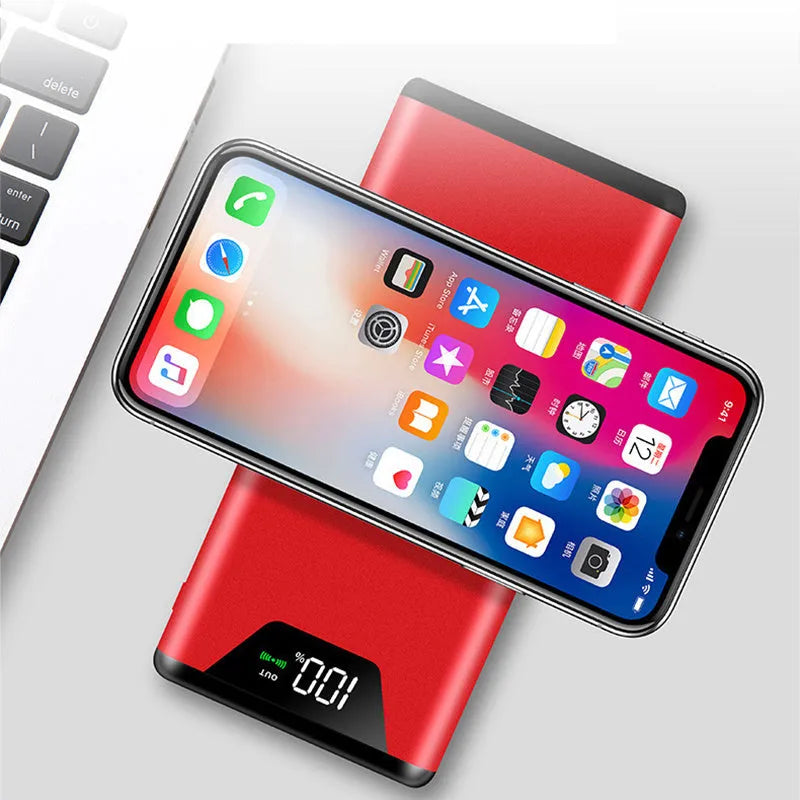 20000mAh wireless power bank in metal housing, 155x74x15mm, shown in Black, Gold, Red, and Rose Gold.