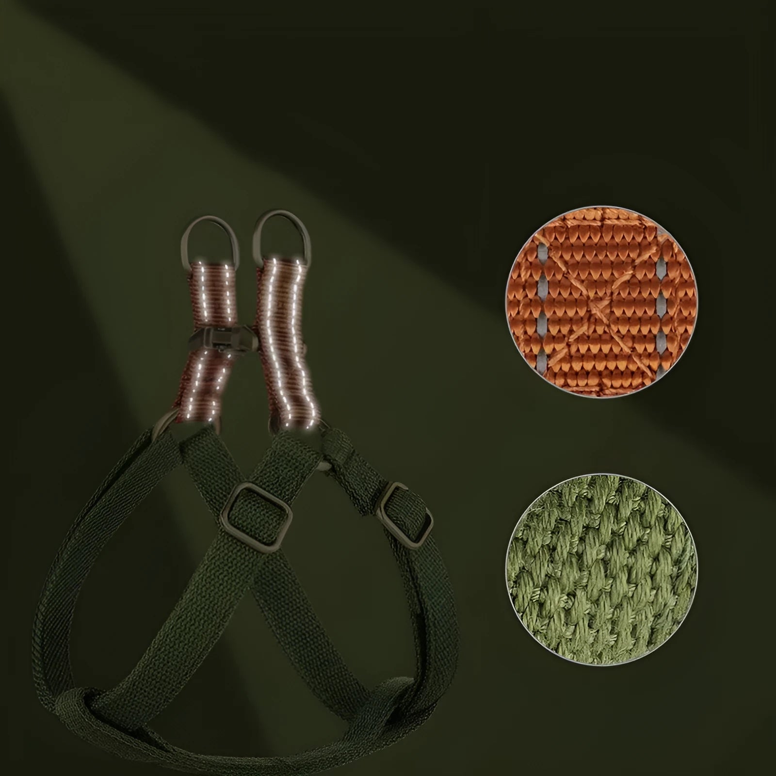Brown vest-style dog leash on small dog showing chest strap and alloy fastener