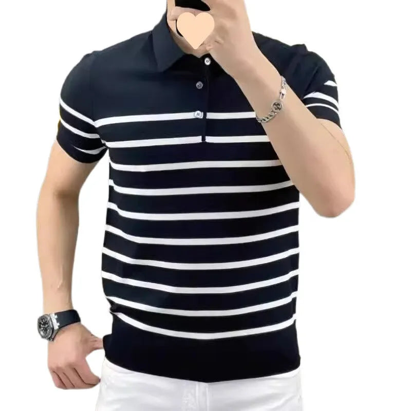 Striped lapel knitted t-shirt in black and white colours showing pullover design with youth popularity styling