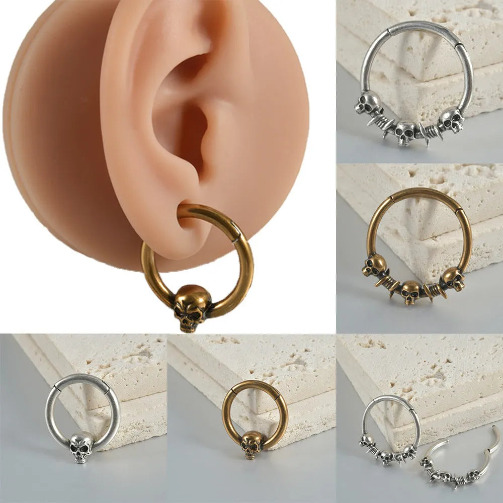 Copper punk earrings with antique ghost head designs in gold or silver finish