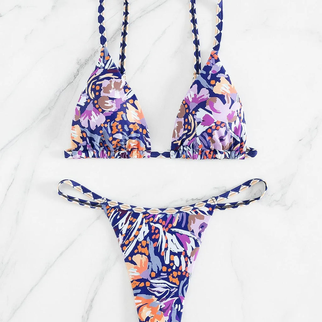 Women's floral print polyester bikini swimsuit with triangle cup top and briefs style bottoms