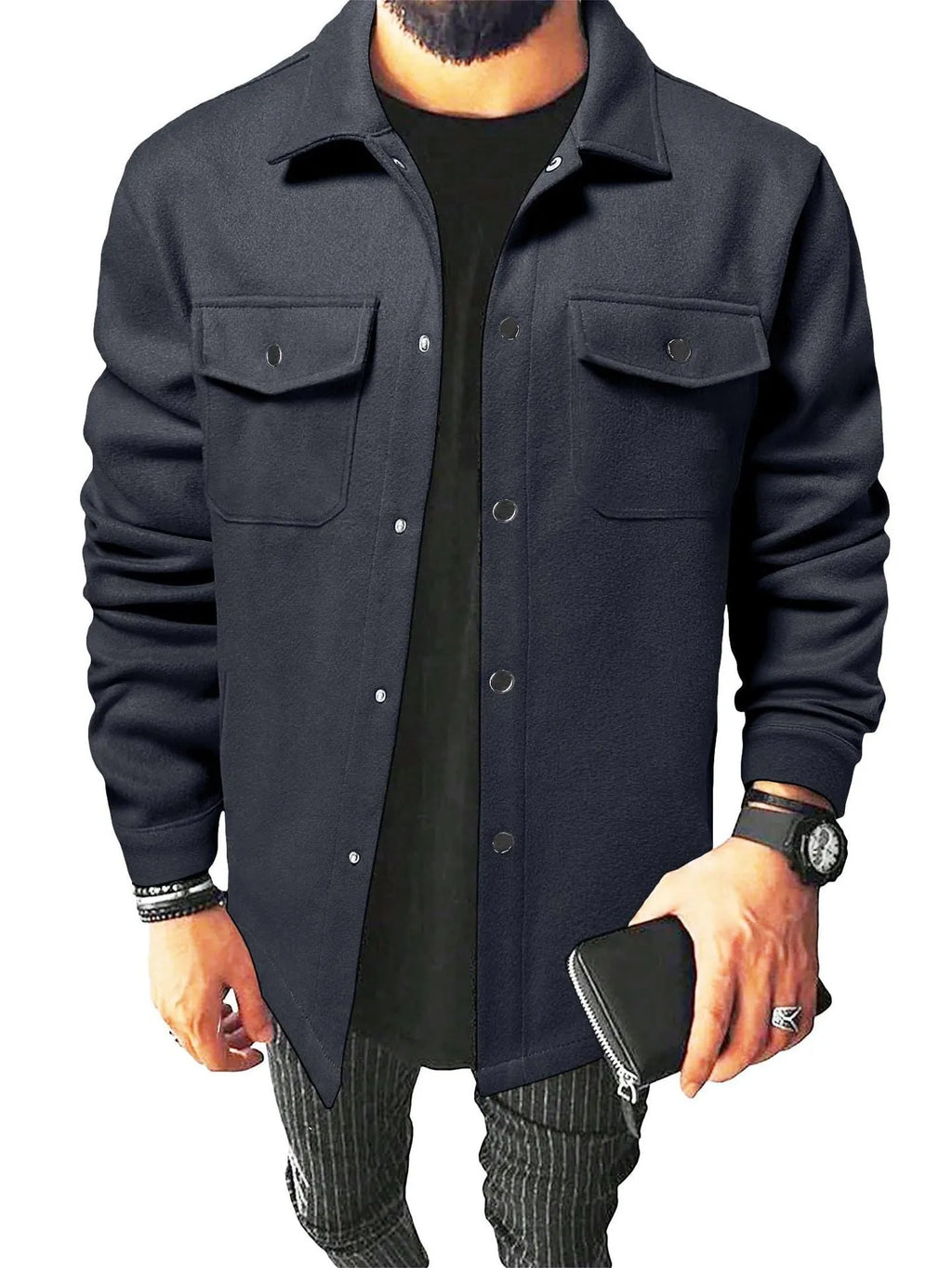 Men's brushed cotton blend cardigan shirt, long sleeve, solid colour, sizes S to 3XL