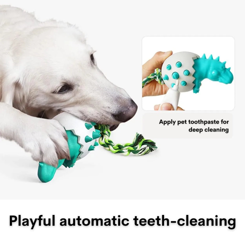 Blue durable dog chew toy with dinosaur design and attached rope for aggressive chewers.